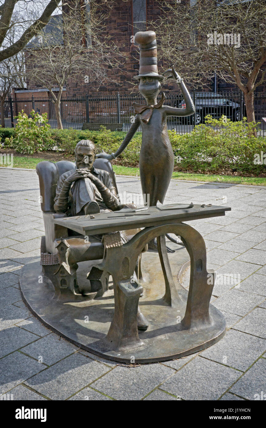 Statues in the Dr. Seuss Memorial Sculpture Garden in Sp[rngfield, Massachusetts celebrating the life of the late Ted Geisel. Stock Photo