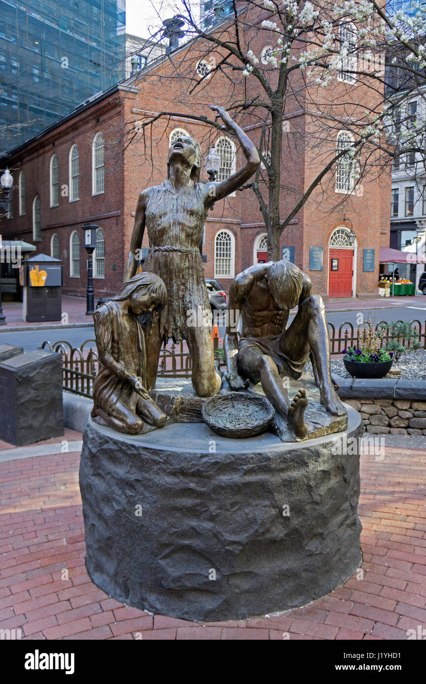 A statue commemorating the 1845 Irish Potato Famine in a small park along the Freedom Trail in Boston, Massachusetts. Stock Photo