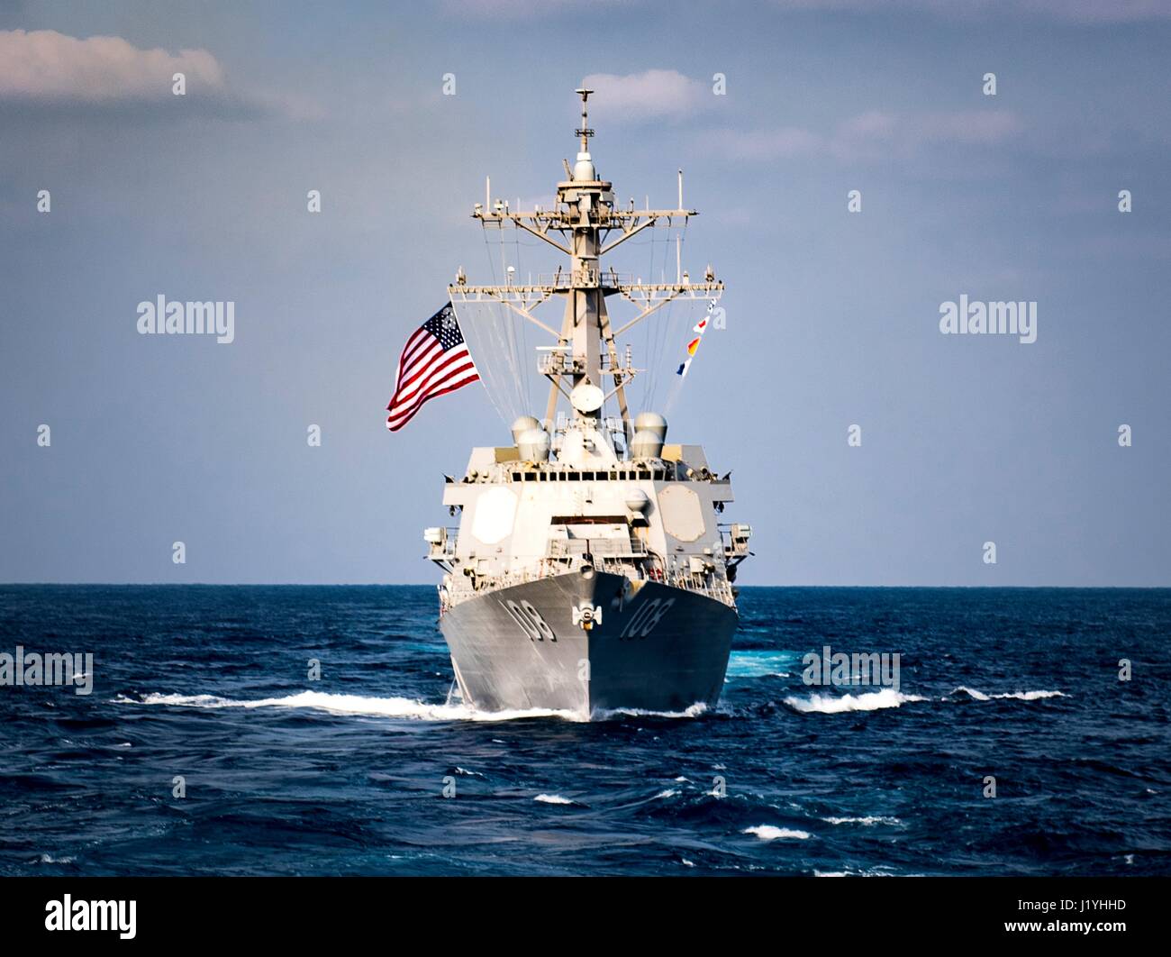 The U.S. Navy Arleigh Burke-class guided-missile destroyer USS Wayne E. Meyer steams underway March 28, 2017 in the Philippine Sea.   (photo by Z.A. Landers/US Navy  via Planetpix) Stock Photo