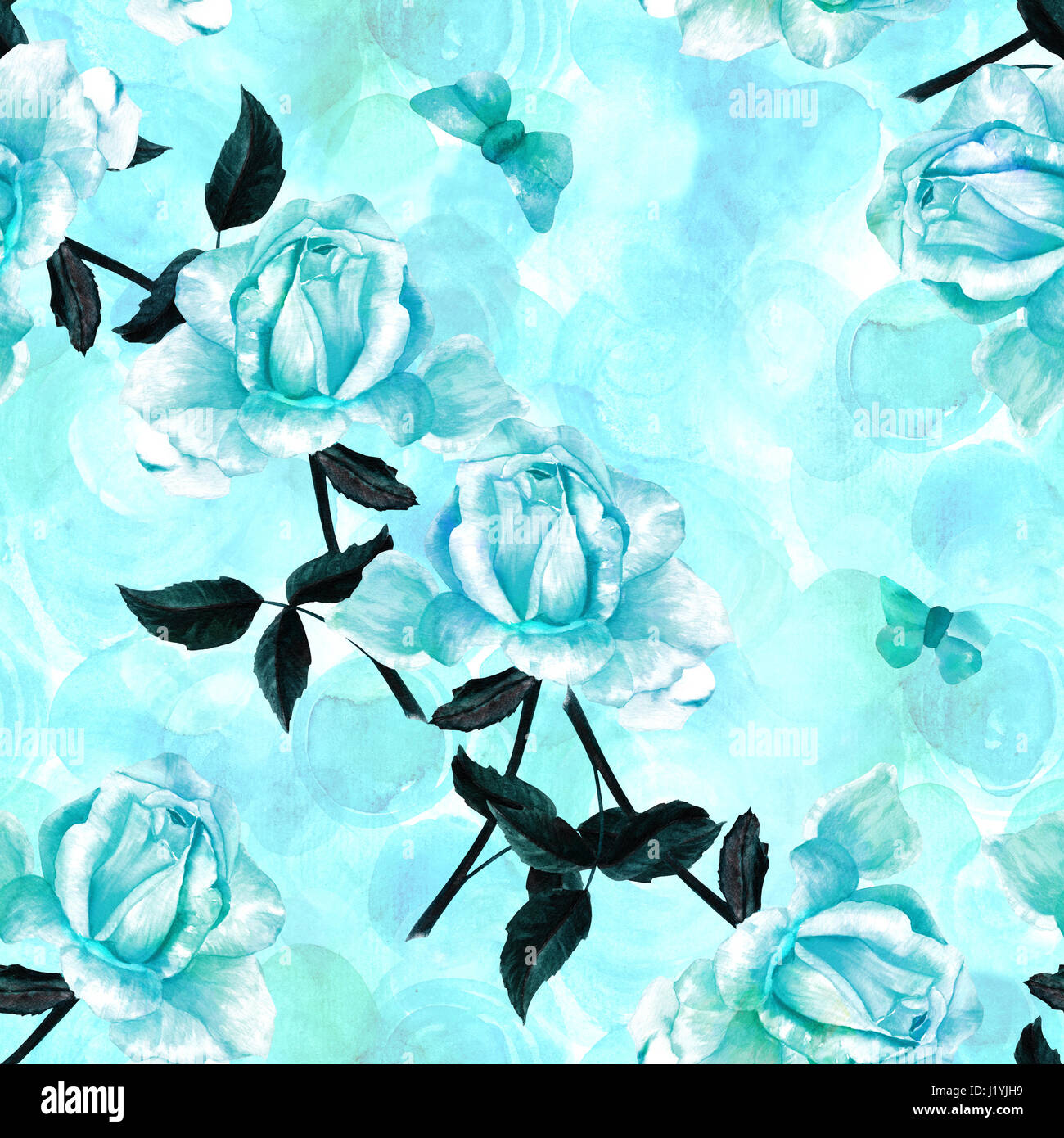 A seamless pattern with a watercolor drawing of a blooming rose and a ...