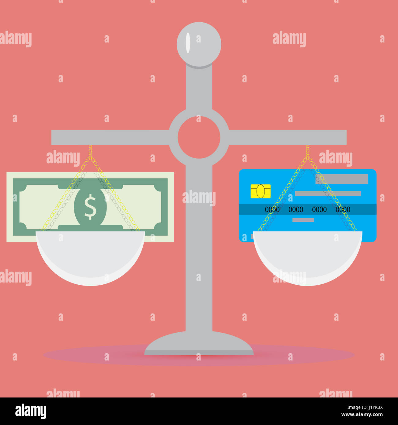 Cash and non-cash scale. Payment credit card and cash banknote. Vector illustration Stock Photo