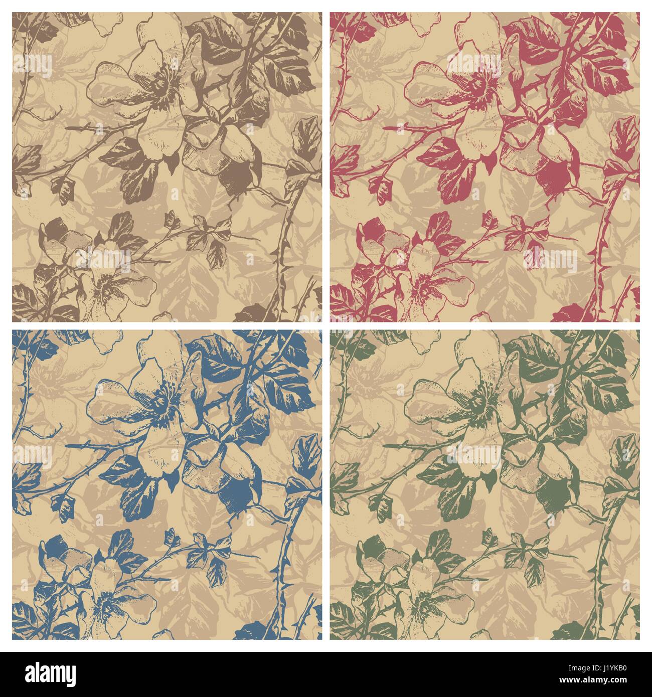 Seamless retro floral pattern in 4 color variations (vector Stock ...