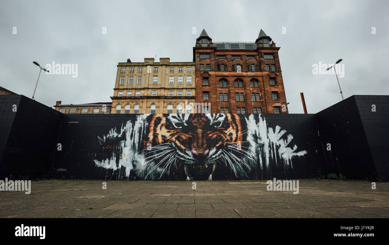 Tiger street art by James Klinge on the banks of the river Clyde in Glasgow. Stock Photo