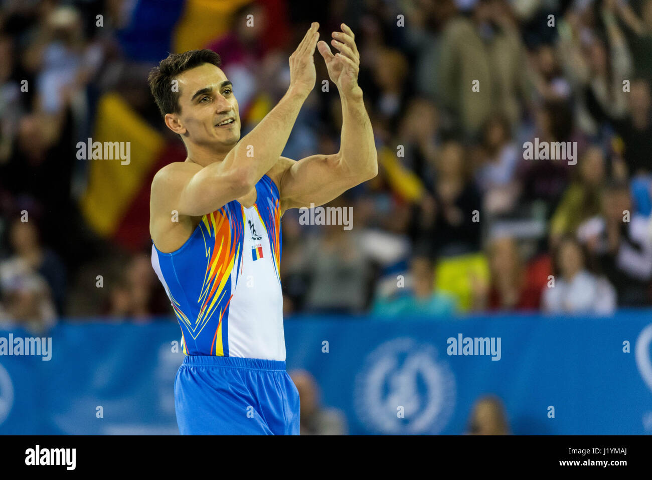 Marian Dragulescu (ROU) after his performance on the floor during the Men's Apparatus Finals at the European Men's and Women's Artistic Gymnastics Championships in Cluj Napoca, Romania. 22.04.2017 Photo: Catalin Soare/dpa Stock Photo