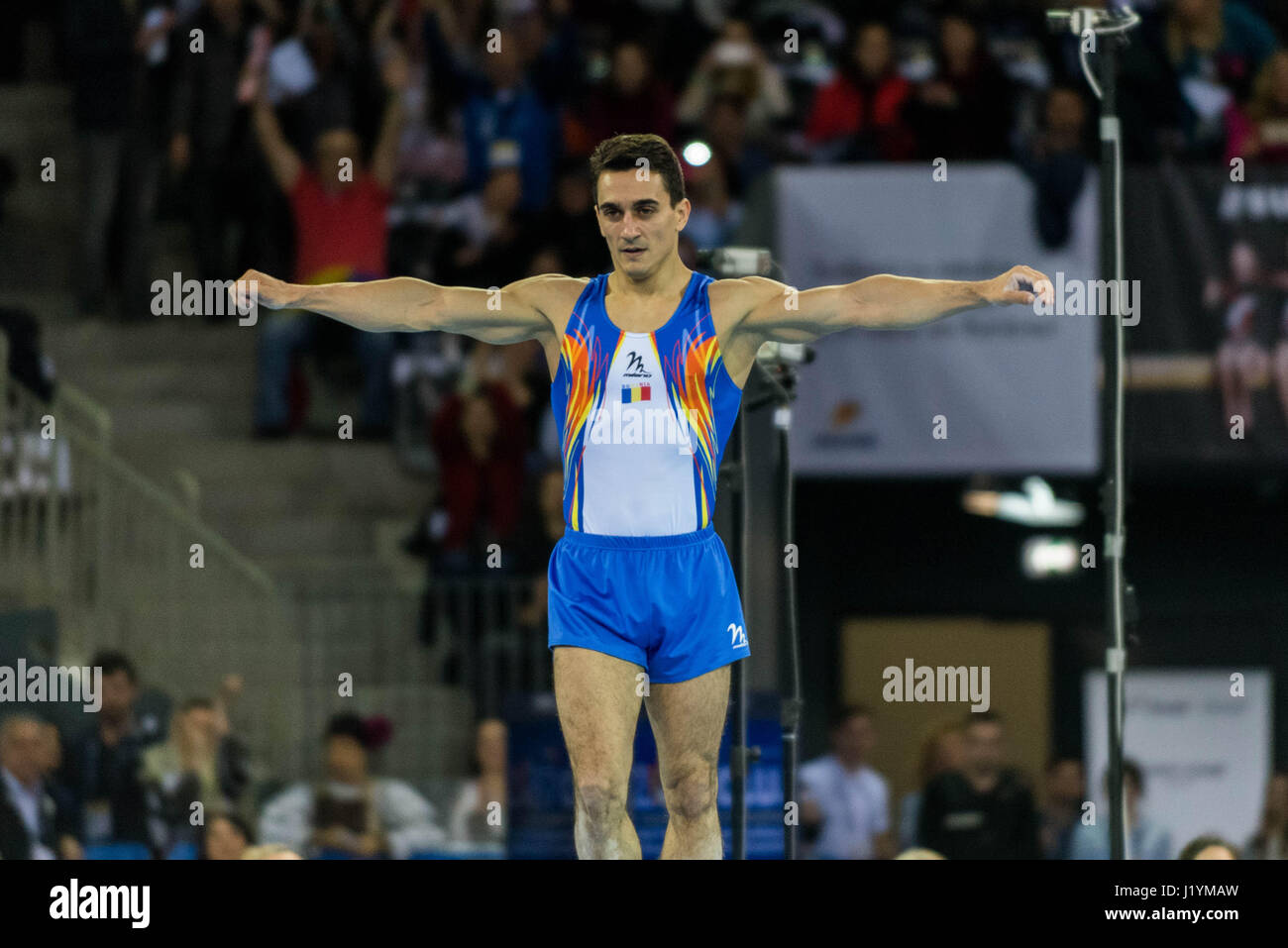 Marian Dragulescu (ROU) performs on the floor during the Men's Apparatus Finals at the European Men's and Women's Artistic Gymnastics Championships in Cluj Napoca, Romania. 22.04.2017 Photo: Catalin Soare/dpa Stock Photo