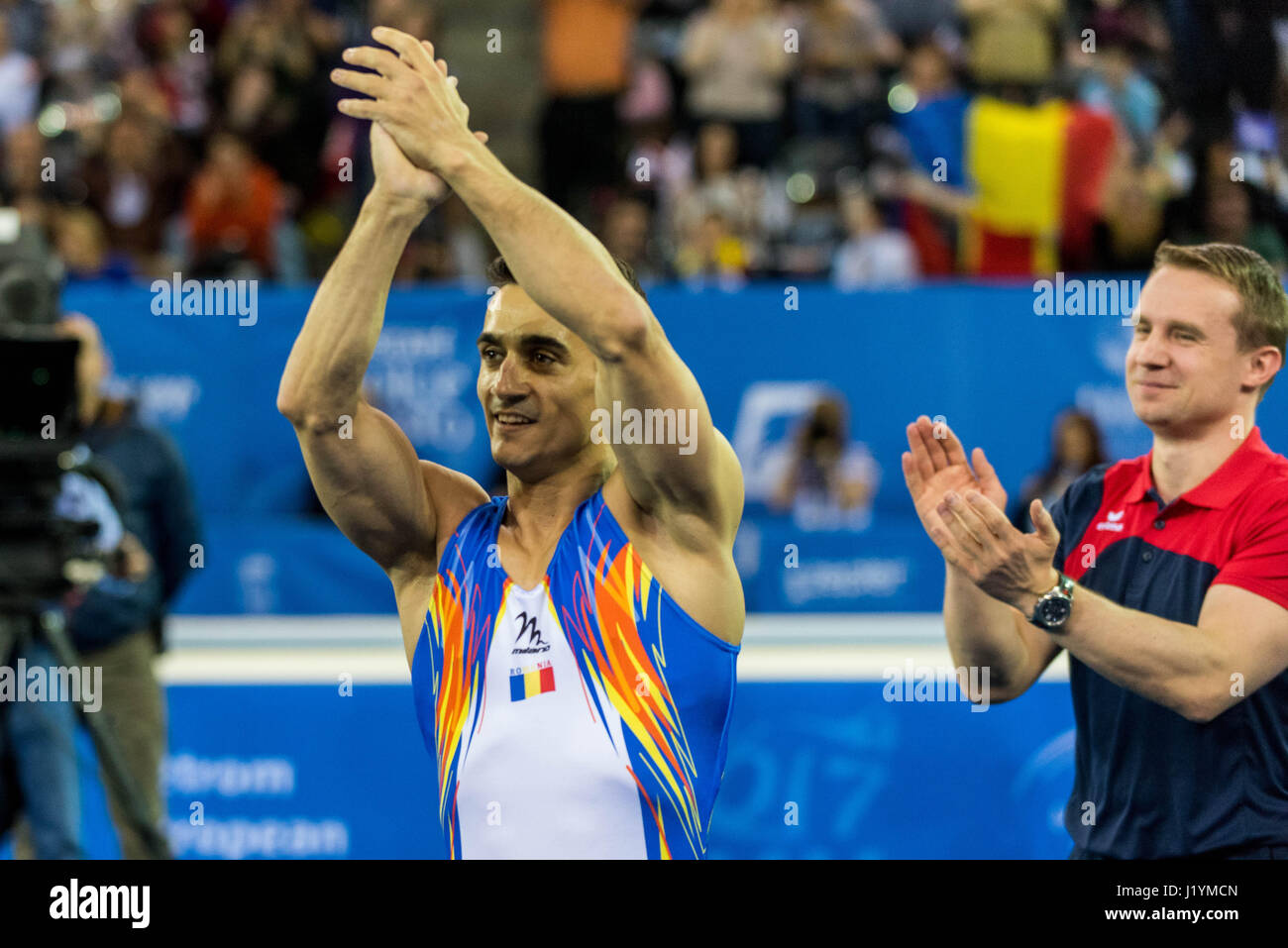 Marian Dragulescu (ROU) after his performance on the floor during the Men's Apparatus Finals at the European Men's and Women's Artistic Gymnastics Championships in Cluj Napoca, Romania. 22.04.2017 Photo: Catalin Soare/dpa Stock Photo