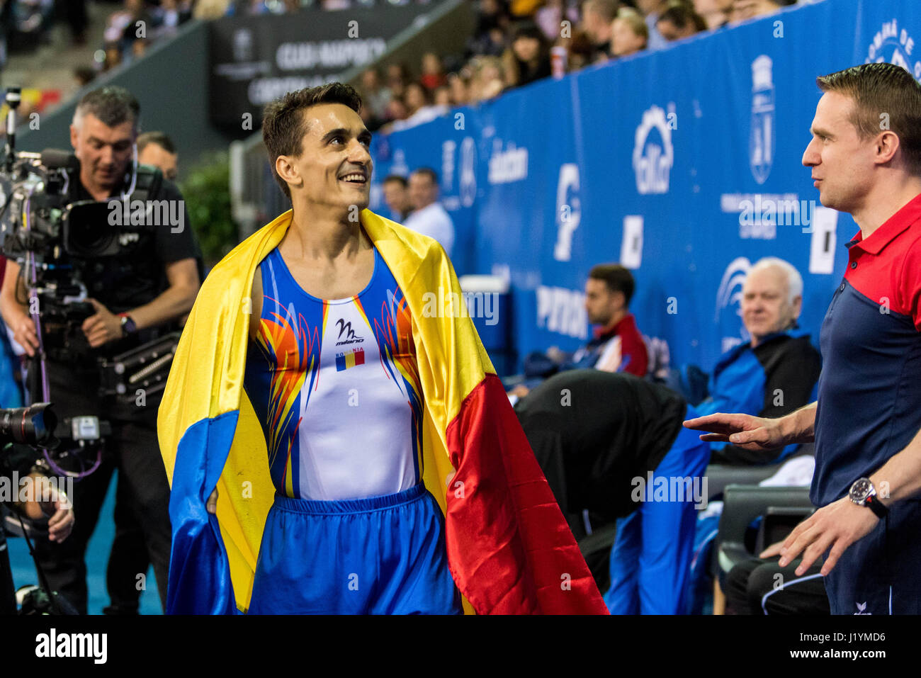 Marian Dragulescu (ROU) after his performance on the floor during the Men's Apparatus Finals at the European Men's and Women's Artistic Gymnastics Championships in Cluj Napoca, Romania. 22.04.2017 Photo: Catalin Soare/dpa Stock Photo