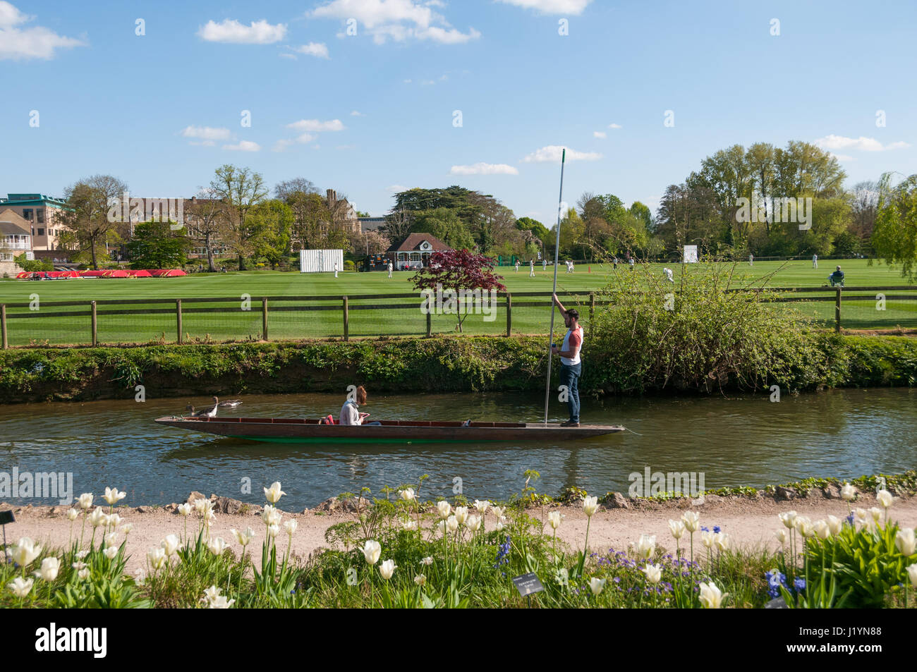 Oxford, Oxfordshire, UK. 22nd Apr, 2017. UK Weather, Oxford, Oxfordshire, UK. 22nd April 2017, People enjoy sunny day in the Oxford Botanic Garden and punting on the River Cherwell Credit: Stanislav Halcin/Alamy Live News Stock Photo