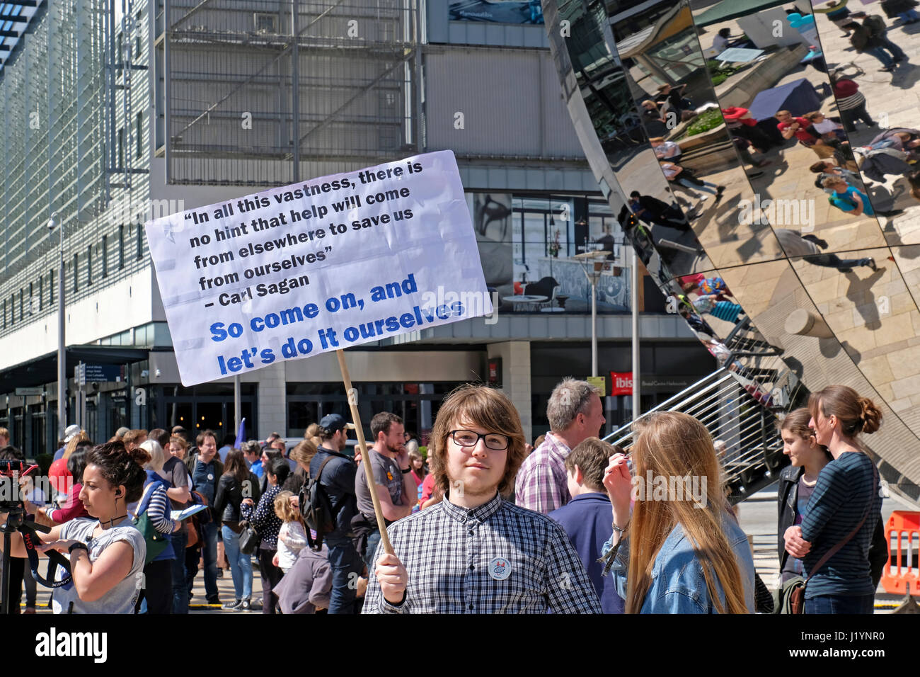 Bristol, UK. 22nd April, 2017. Protestors take part in the March for Science. The March for Science is intended to be the first step in a global movement to defend the role science plays in health, safety, the economy, and government and is one of a number of similar events taking place in cities around the world. Keith Ramsey/Alamy Live News Stock Photo