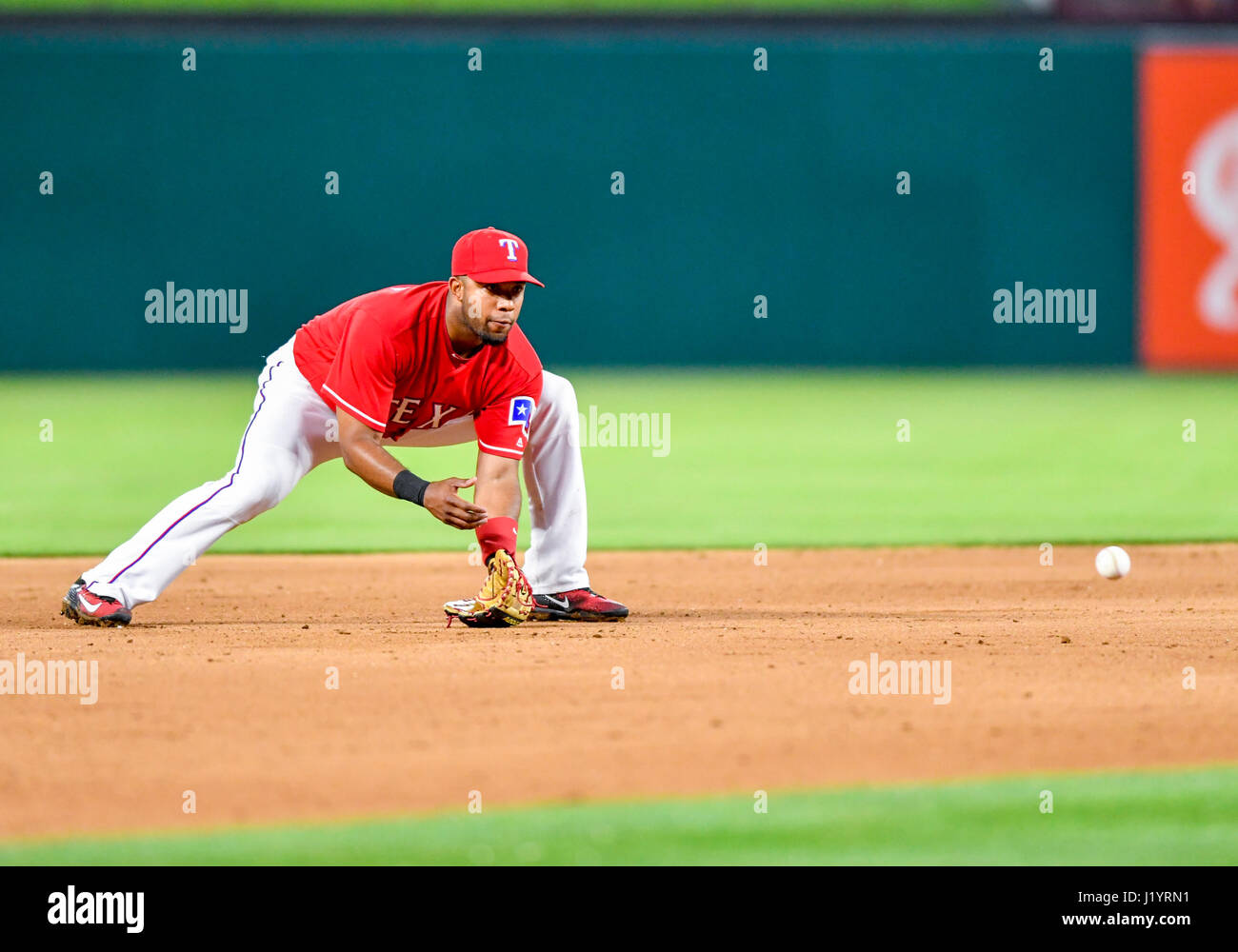 APR 20, 2017: Texas Rangers shortstop Elvis Andrus #1 fields a ground ...