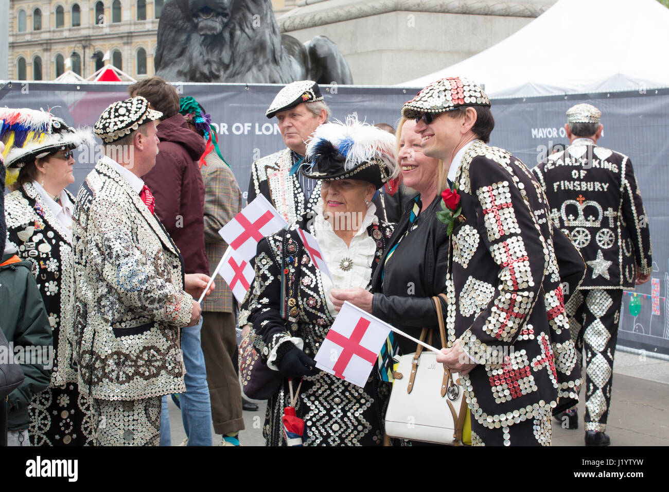 London, UK. 22nd April, 2017. St George's Day 2017 celebrations in Trafalgar Square in London, England United Kingdom. The annual free event was organised by the Mayor of London and attracted a huge crowd celebrating the Patron Saint of England. Some people in the crowd were very colourful and some wore costumes for the joy of children and adults. The pearly Kings and Queens of various parts of London were also present at the celebrations. Credit: Chris Pig Photography/Alamy Live News Stock Photo