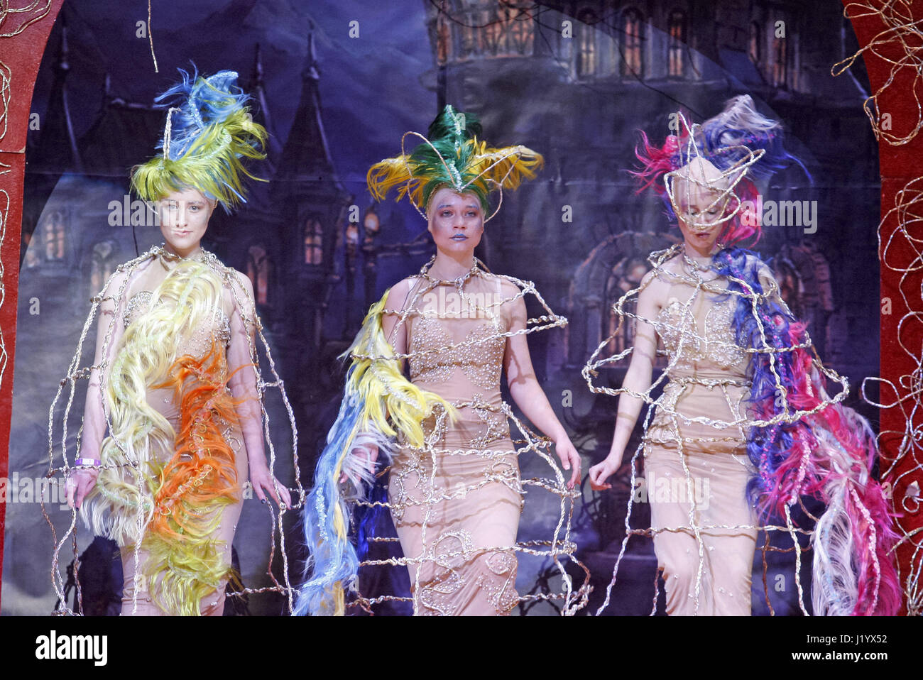 Kiev, Ukraine. 22nd Apr, 2017. Models pose during a hair styling