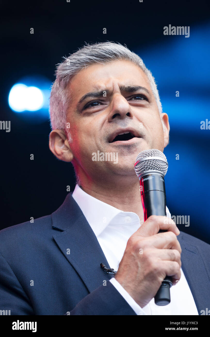 London, UK. 22nd April 2017. Sadiq Khan, Mayor of London speaking on the stage at St George's Day celebrations in Trafalgar Square in London. Saint George's Day is the feast day of Saint George. It is celebrated by various Christian Churches and by the several nations, kingdoms, countries, and cities of which Saint George is the patron saint. Saint George's Day is celebrated on 23 April, the traditionally accepted date of Saint George's death in 303 AD. Credit: London pix/Alamy Live News Stock Photo