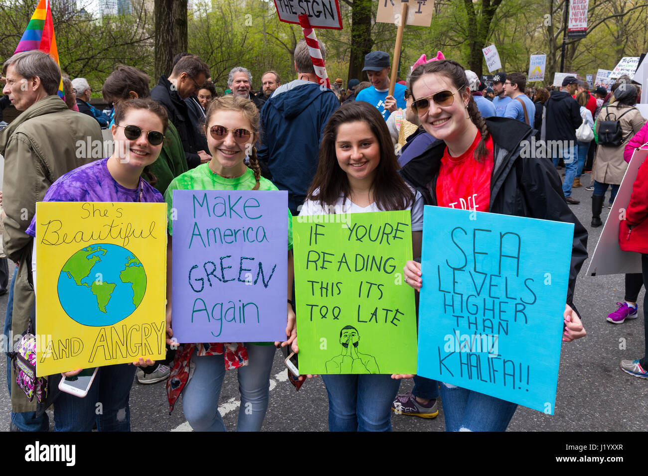 New York, USA. 22nd April, 2017. A group of unidentified young women holds signs during the March For Science on April 22, 2017 in New York. Credit: Justin Starr/Alamy Live News Stock Photo