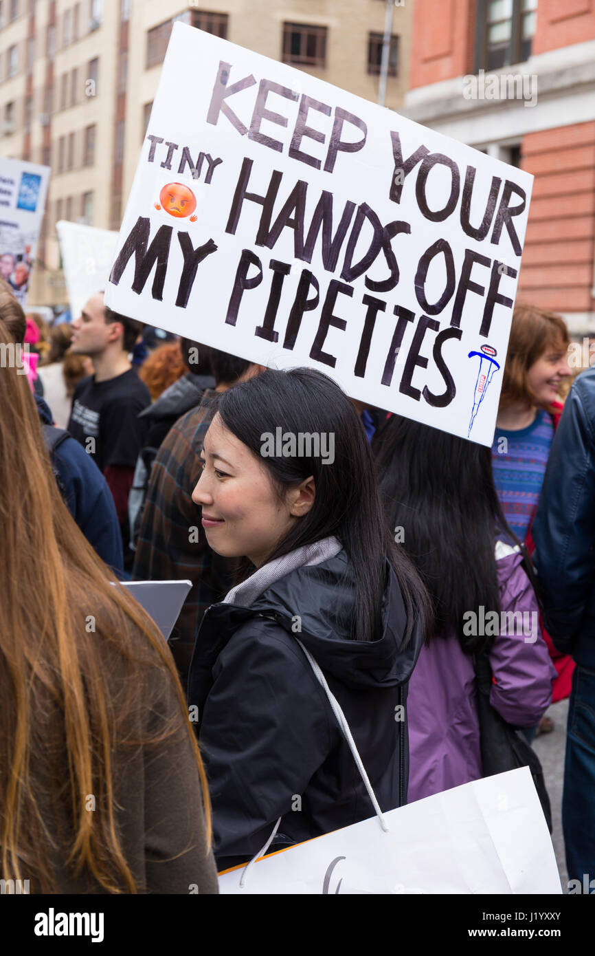 New York, USA. 22nd April, 2017. An unidentified woman holds a sign that reads 'Keep Your Tiny Hands Off My Pipettes' during the March For Science on April 22, 2017 in New York. Credit: Justin Starr/Alamy Live News Stock Photo