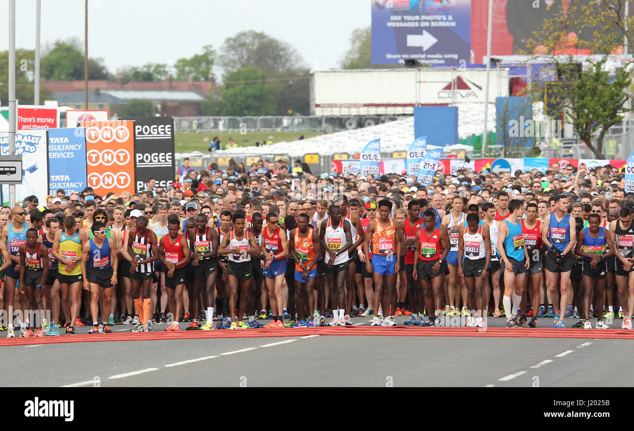 LONDON, UK, 23, APR, 2017: Elite male runners at the start of the Virgin London Marathon 2017 on Blackheath. Stock Photo