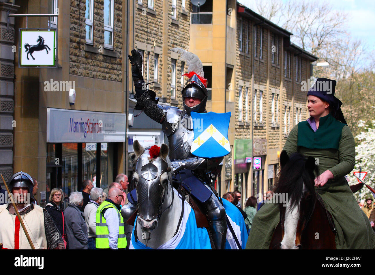 Morley, Leeds, UK. 23rd April, 2017. Morley Leeds started it's St Geroges day celebrations Sunday morning with a parade headed by St George that started at Morley town hall and made it's way through the streets followed by brass bands and reenactment societies.Taken on the 23rd April 2017. Credit: Andrew Gardner/Alamy Live News Stock Photo