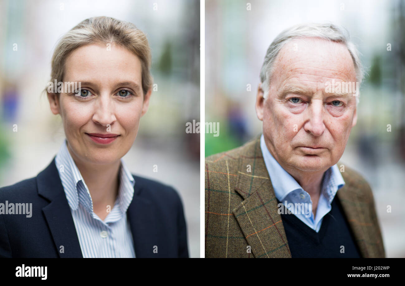 Cologne, Germany. 23rd Apr, 2017. COMBO - Alice Weidel (l) and Alexander Gauland, members of the AfD federal management board, photographed at the party's national convention in the Maritim Hotel in Cologne, Germany, 23 April 2017. The rightist-nationalist vice chairman of the party Alexander Gauland and the liberal Alice Weidel will lead the AfD party into the national elections. Photo: Rolf Vennenbernd/dpa/Alamy Live News Stock Photo