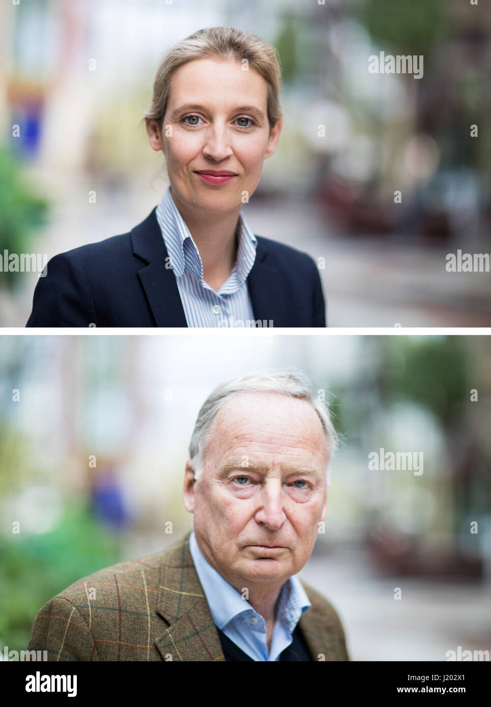 Cologne, Germany. 23rd Apr, 2017. COMBO - Alice Weidel (top) and Alexander Gauland, members of the AfD federal management board, photographed at the party's national convention in the Maritim Hotel in Cologne, Germany, 23 April 2017. The rightist-nationalist vice chairman of the party Alexander Gauland and the liberal Alice Weidel will lead the AfD party into the national elections. Photo: Rolf Vennenbernd/dpa/Alamy Live News Stock Photo