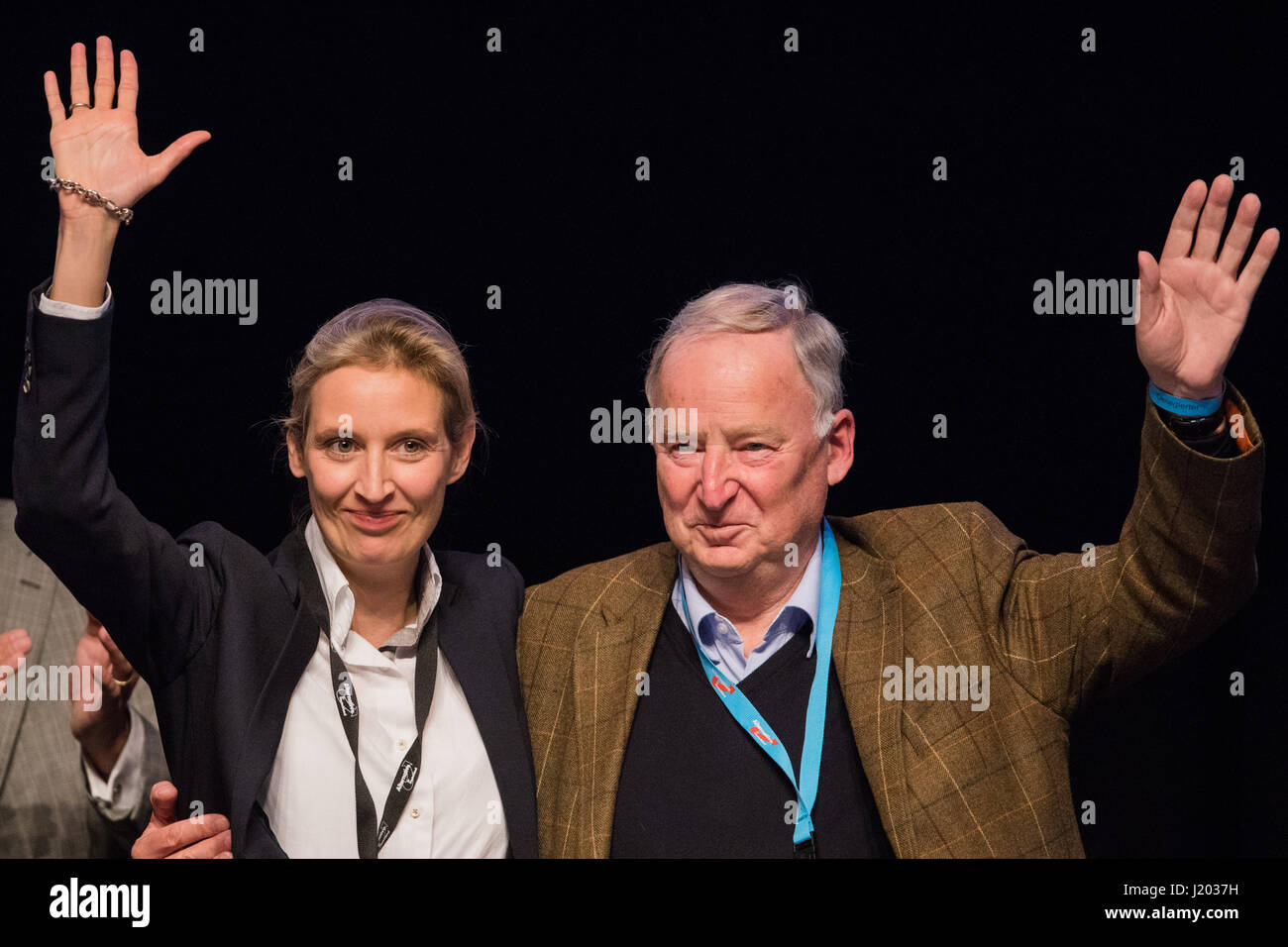 Cologne, Germany. 23rd Apr, 2017. dpatop - Alice Weidel (l) and Alexander Gauland, members of the AfD federal management board, photographed at the party's national convention in the Maritim Hotel in Cologne, Germany, 23 April 2017. The rightist-nationalist vice chairman of the party Alexander Gauland and the liberal Alice Weidel will lead the AfD party into the national elections. Photo: Rolf Vennenbernd/dpa/Alamy Live News Stock Photo