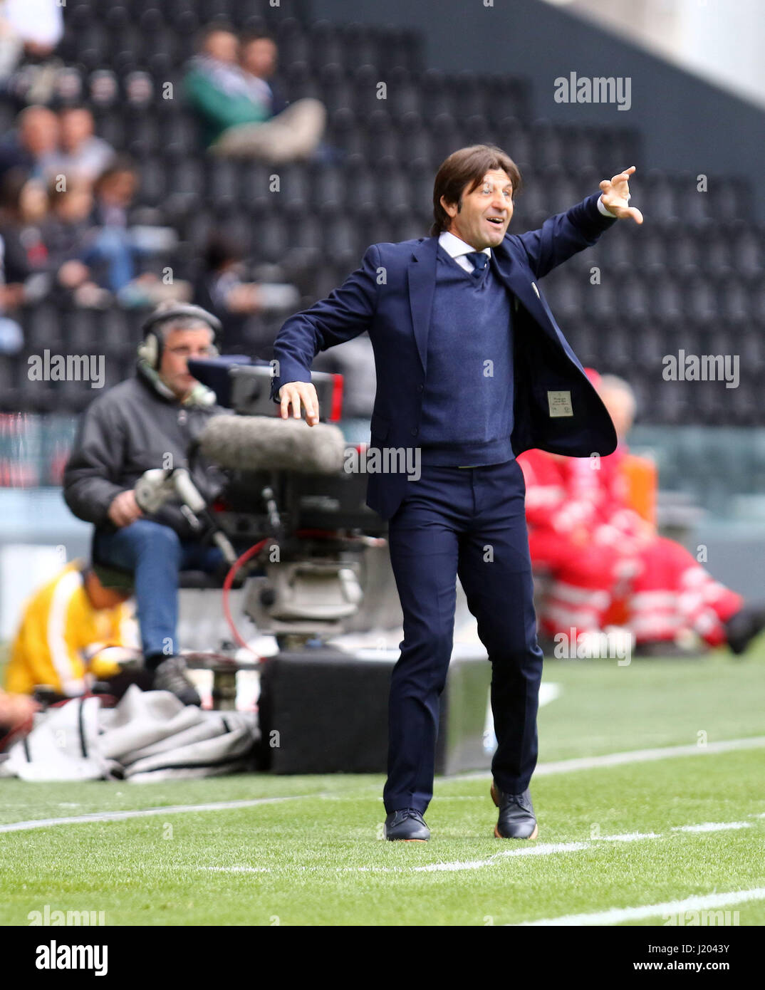 Udine, Italy. 23rd Apr, 2017. Cagliari's Head Coach Massimo Rastelli gestures during the Serie A football match between Udinese Calcio v Cagliari Calcio at Dacia Arena Stadium on 23th April, 2017. Credit: Andrea Spinelli/Alamy Live News Stock Photo