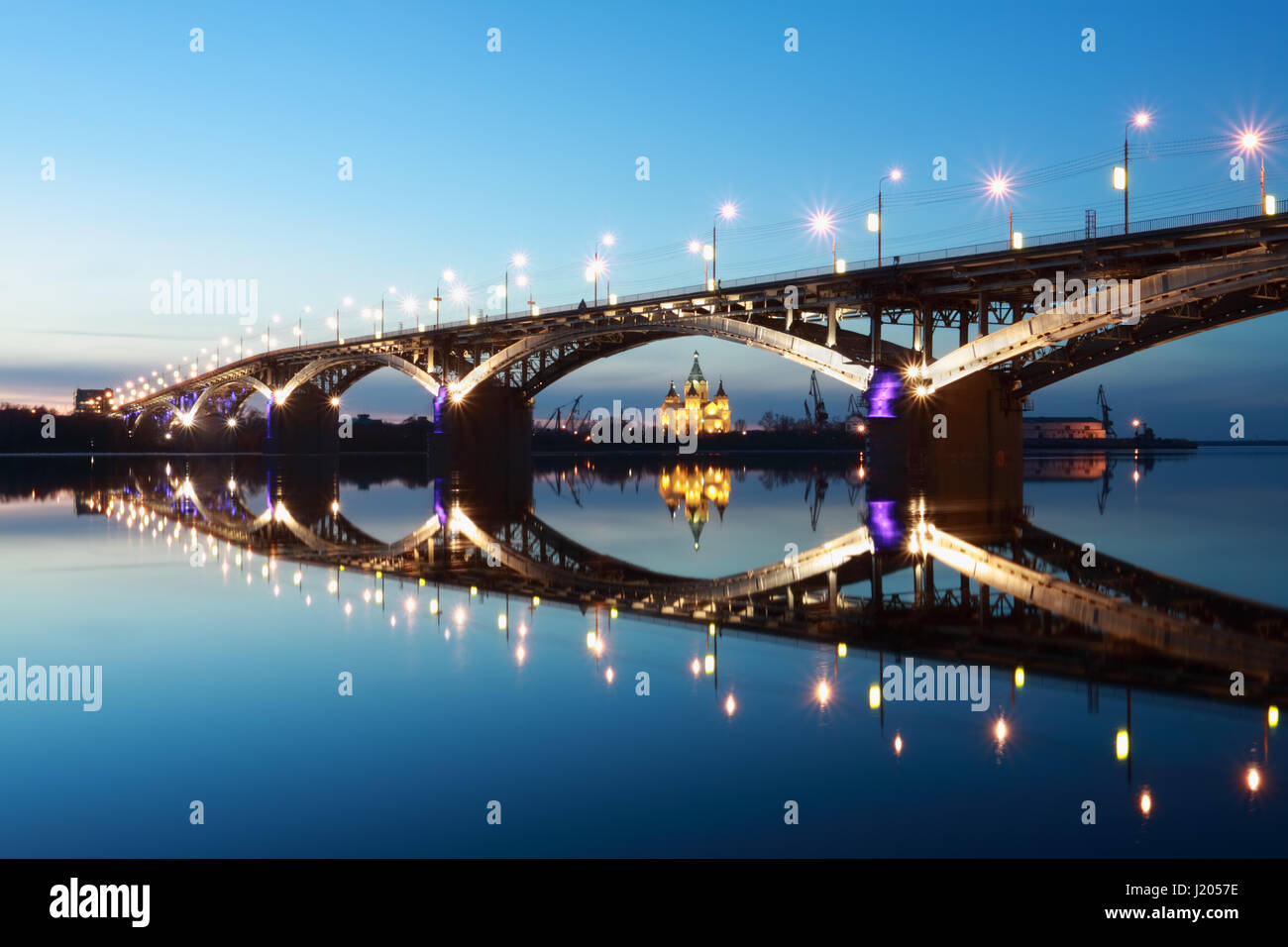 Nizhny Novgorod scenery with a view of Kanavinsky bridge and the river Oka at dusk Stock Photo