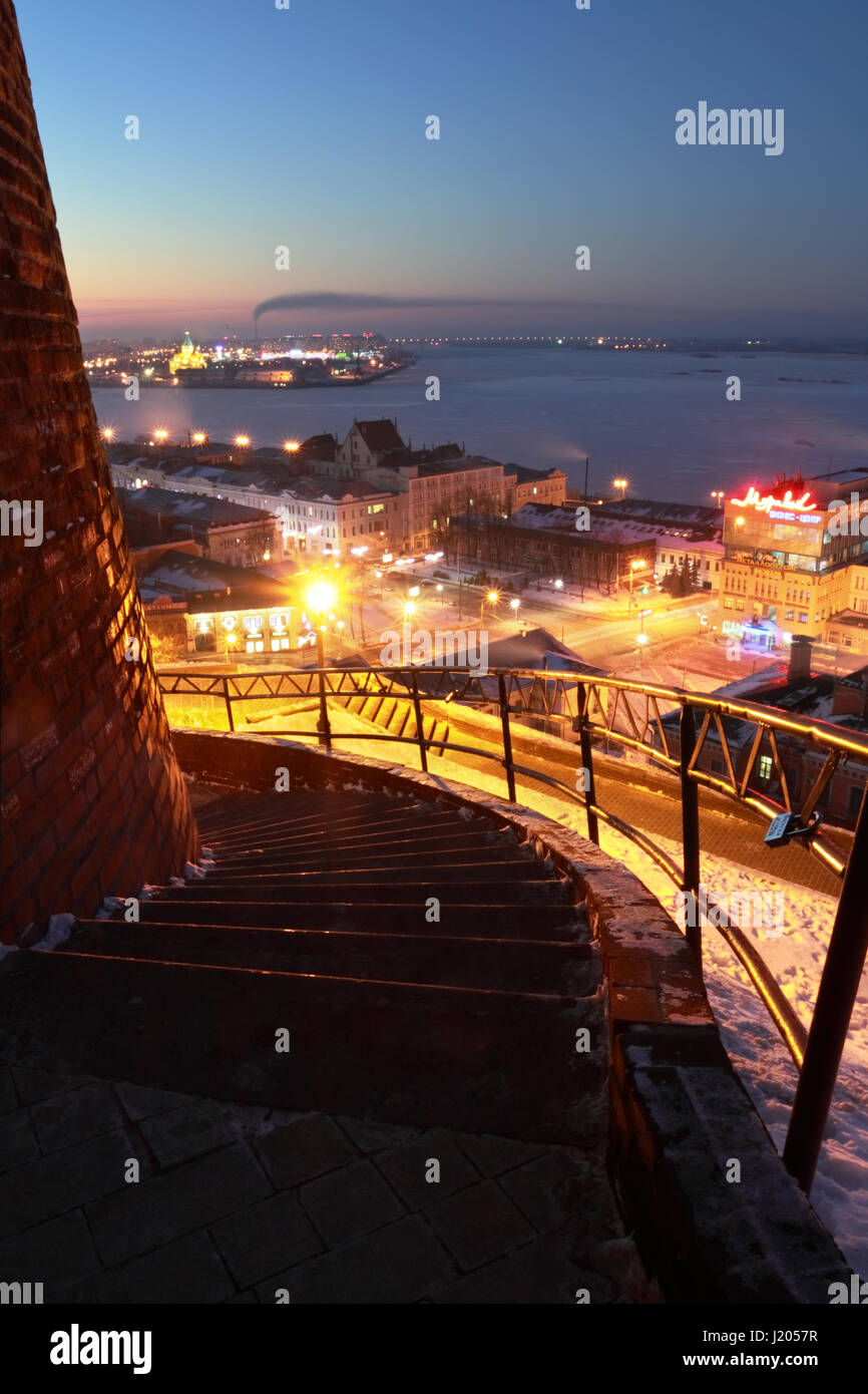 An iconic view of Nizhny Novgorod from the Kremlin stairs at dusk Stock Photo