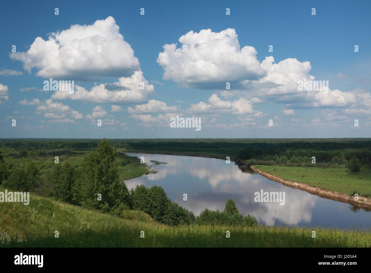 Picturesque scenery of the river Vetluga and a group of clouds above it Stock Photo