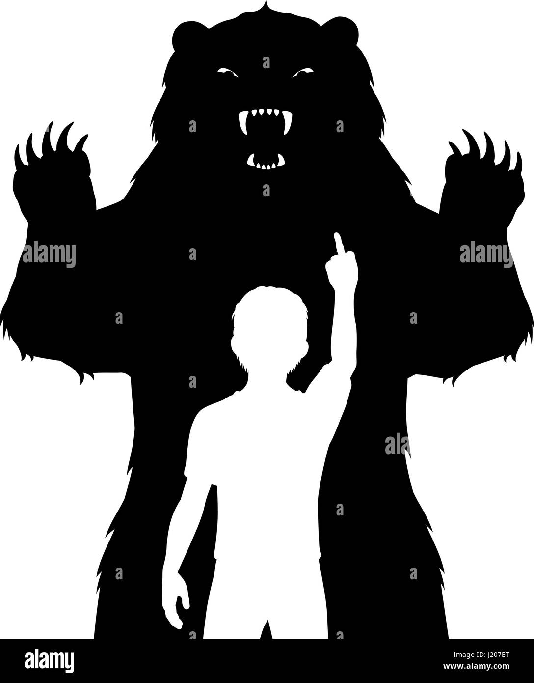 Editable vector illustration of a boy unafraid of a fierce bear Stock Vector