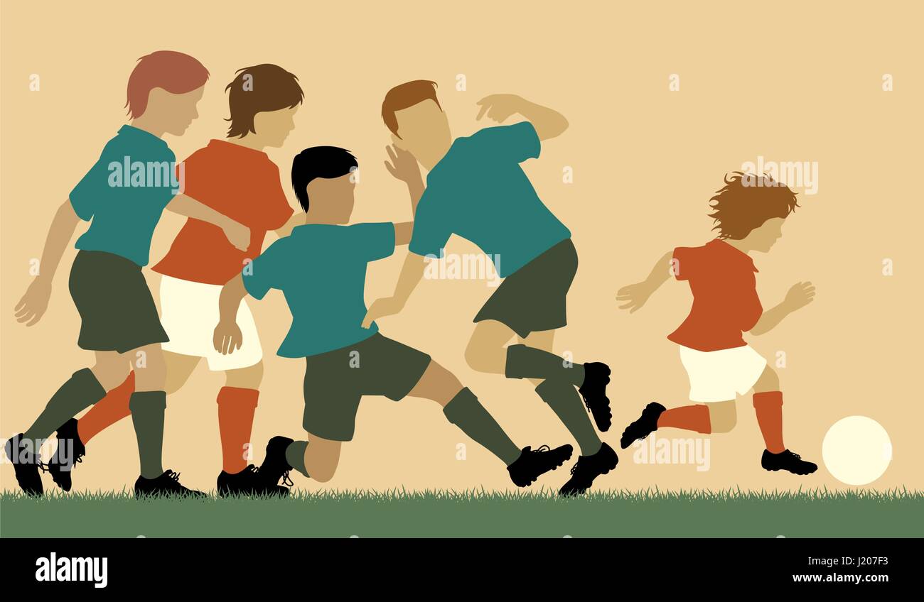 Editable vector illustration of a young boy beating older boys at football Stock Vector