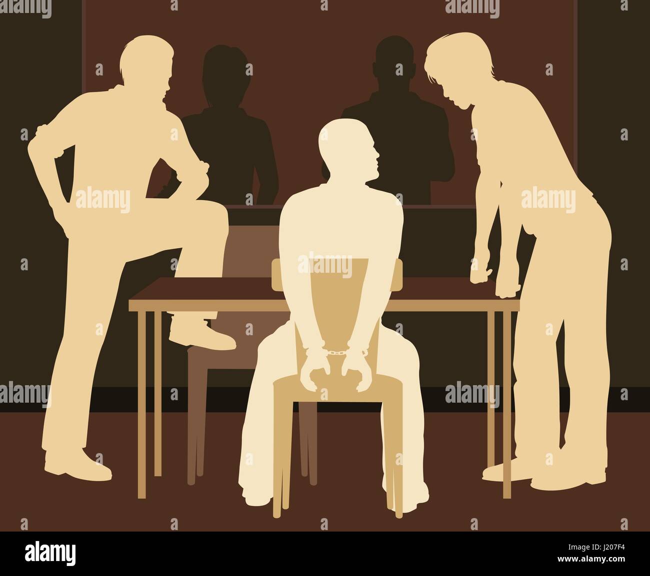 Editable vector illustration of a handcuffed man being interrogated by detectives Stock Vector