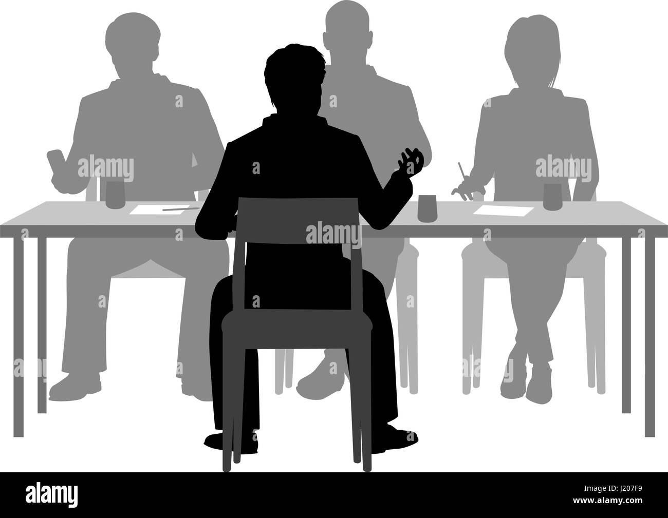 Editable vector silhouettes of a man being interviewed by a panel of three people Stock Vector