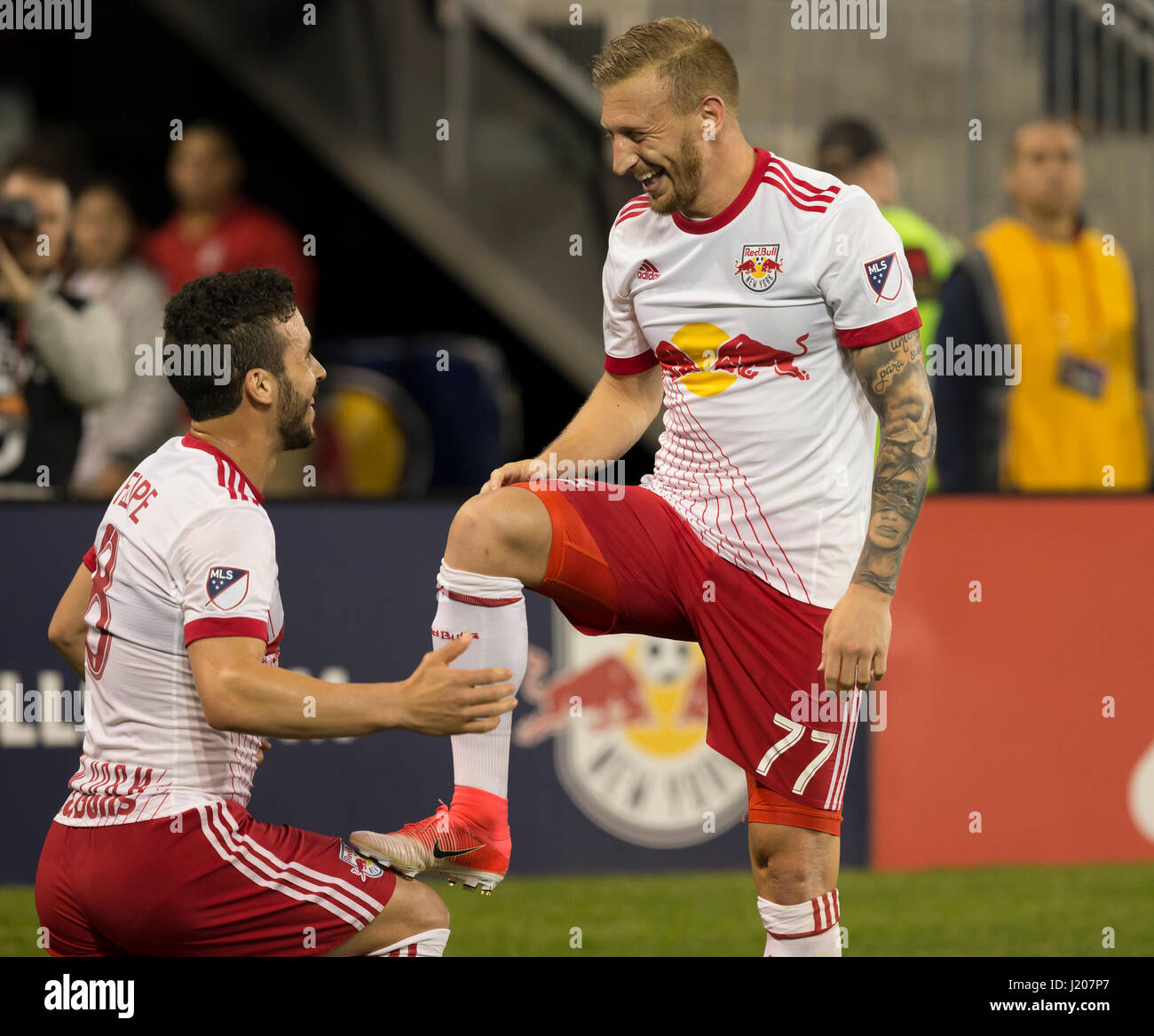 Daniel Royer (77) of Red Bulls celebrates scoring goal from penalty kick during MLS match against Columbus Crew SC on Red Bull arena Red Bulls won 2 - 0 (Photo by: Lev Radin/Pacific Press) Stock Photo