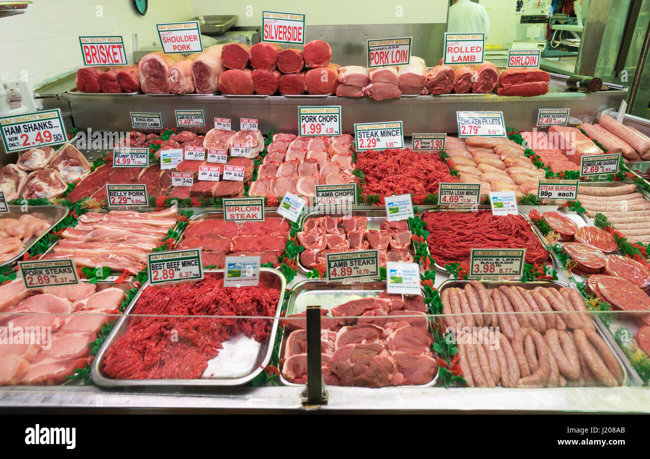 A&J quality meats butcher's stall, Grainger Market, Newcastle upon Tyne, England, UK Stock Photo