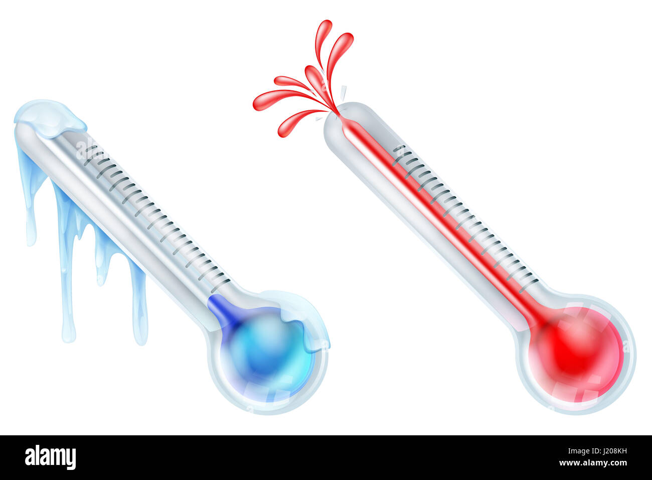 Hot and cold thermometer icon set with one frozen and one bursting Stock Photo