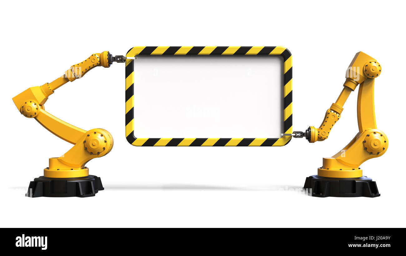 Industrial robots holding a board isolated on white background 3D rendering Stock Photo