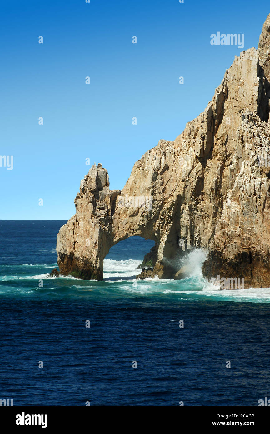 Known as El Arco, the arch in Cabo San Lucas has because an icon of Southern Baja in Mexico. The Arch is surounded by sea water and is where the Pacif Stock Photo