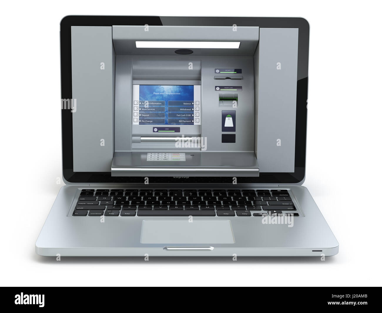Online banking and payment concept. Laptop as ATM machine isolated on ...