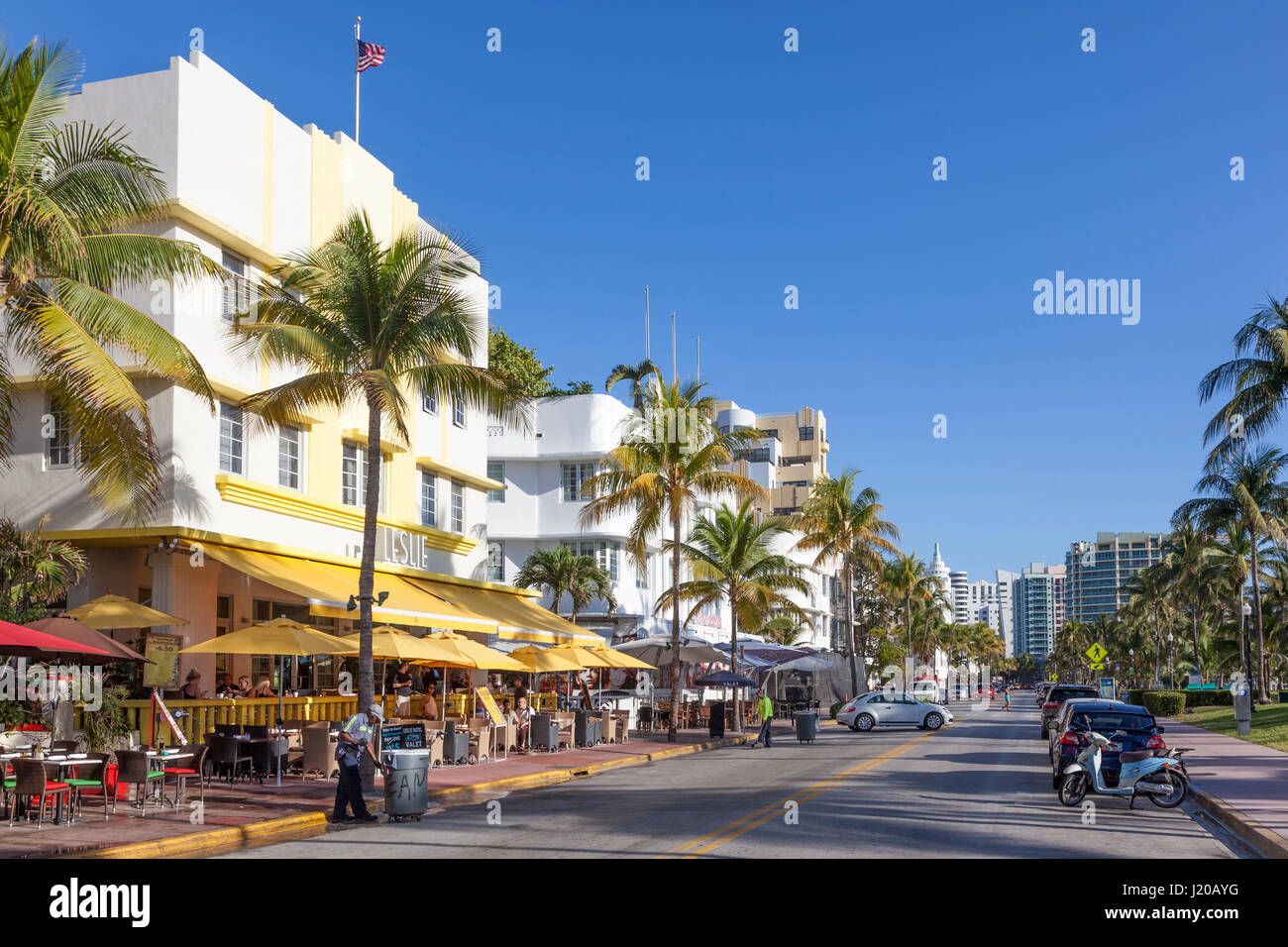 Miami, Fl, USA - March 10, 2017: The famous Ocean Drive with Art Deco hotels in Miami Beach. Florida, United States Stock Photo