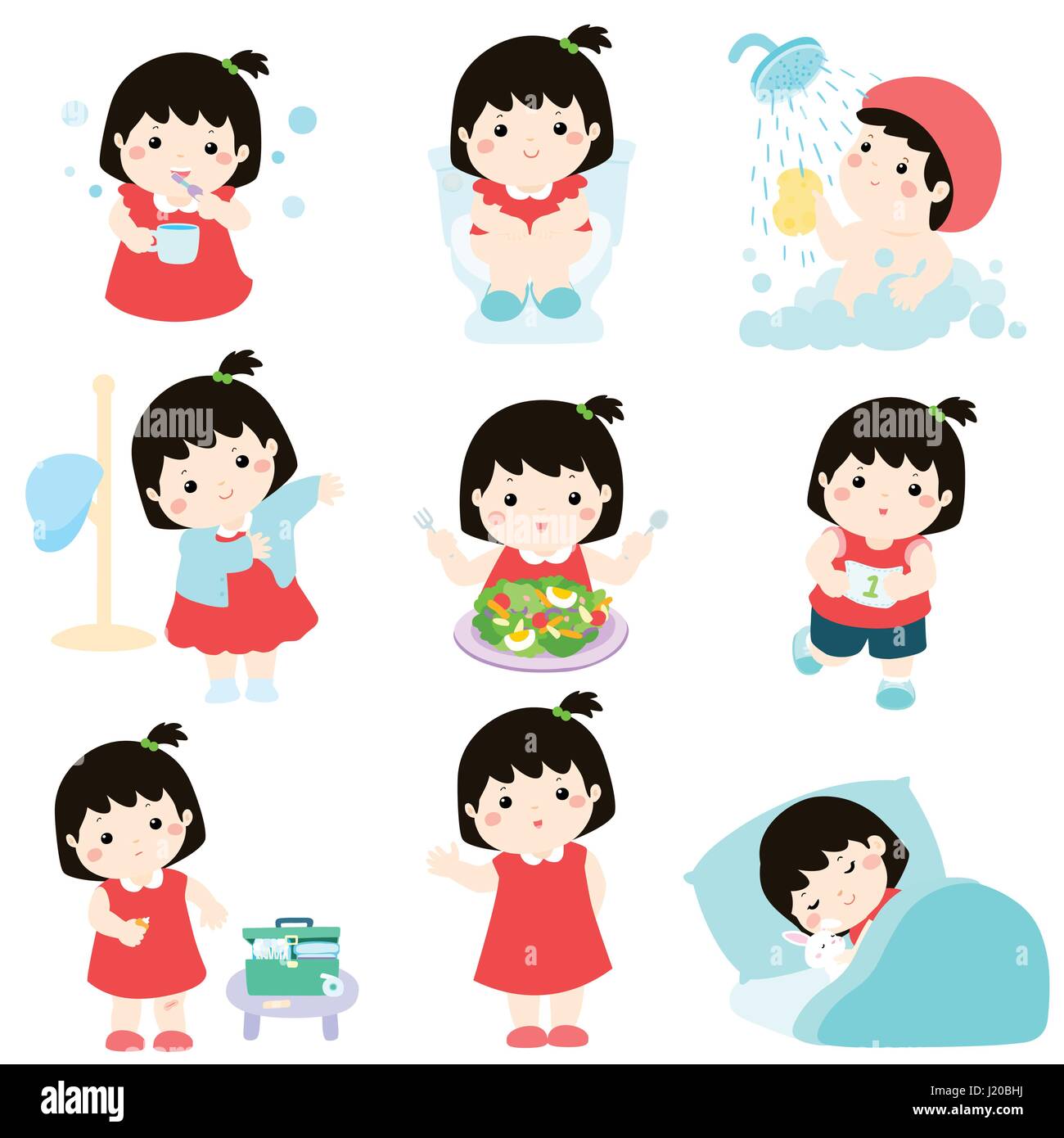 Cute black hair girl have healthy hygiene take a bath,using the toilet, eat  healthy food, dress up,wound healing,sleep and exercise vector illustrati  Stock Vector Image & Art - Alamy