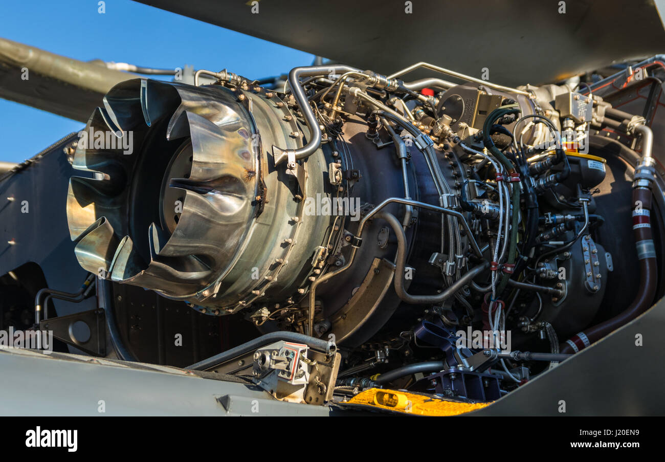 close open look at one helicopter engine. Stock Photo