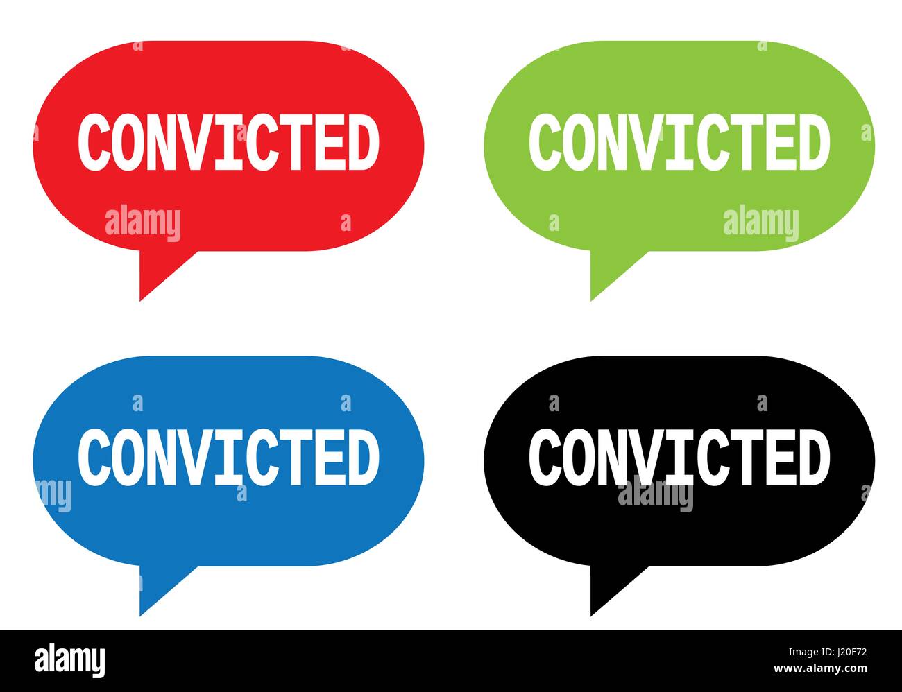 CONVICTED text, on rectangle speech bubble sign, in color set Stock