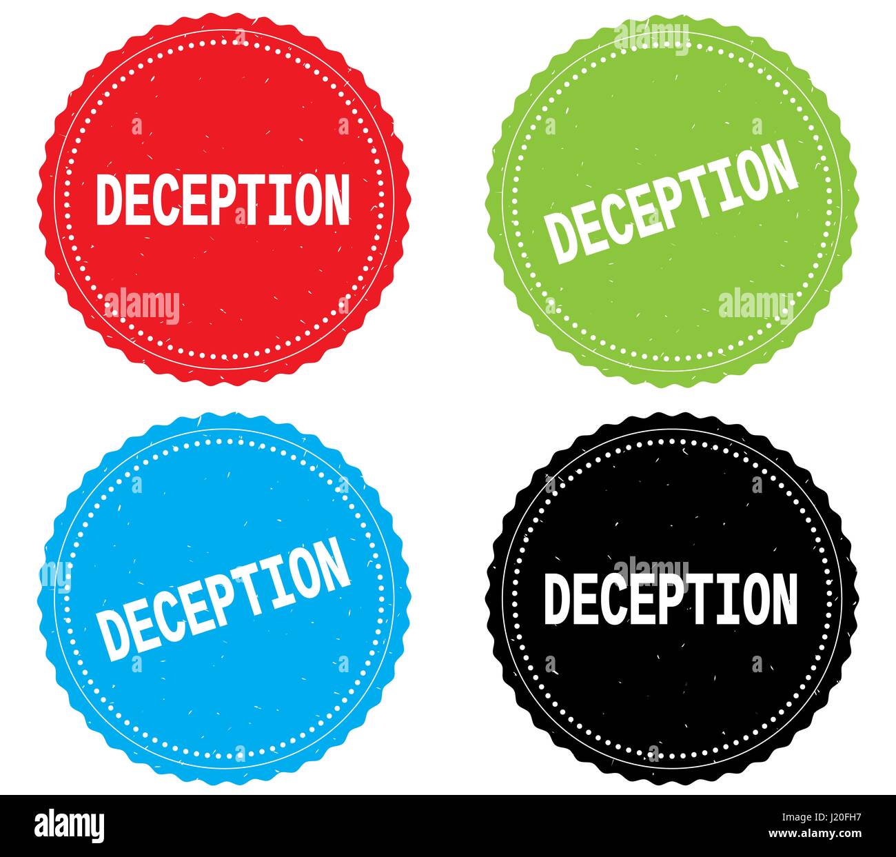 DECEPTION text, on round wavy border stamp badge, in color set. Stock Photo
