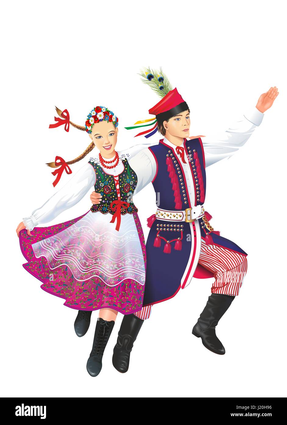 Dancing Krakowiacy Isolated on White Illustration. Subethnic Group of the Polish Nation. Folk Dancers. Stock Photo