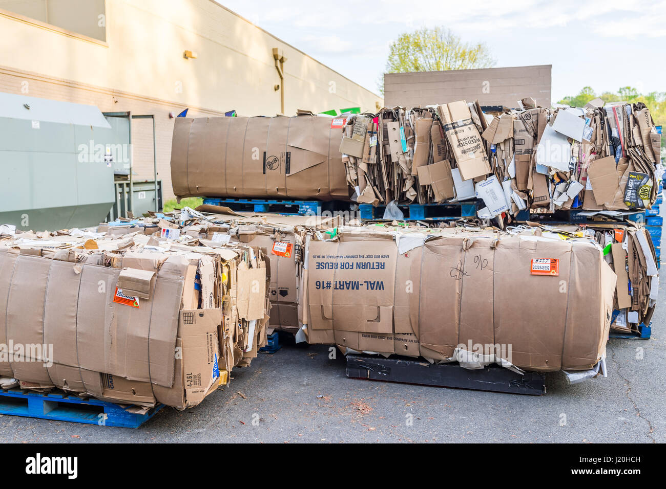 Burke, USA April 16, 2017 Compacted cardboard boxes behind Walmart
