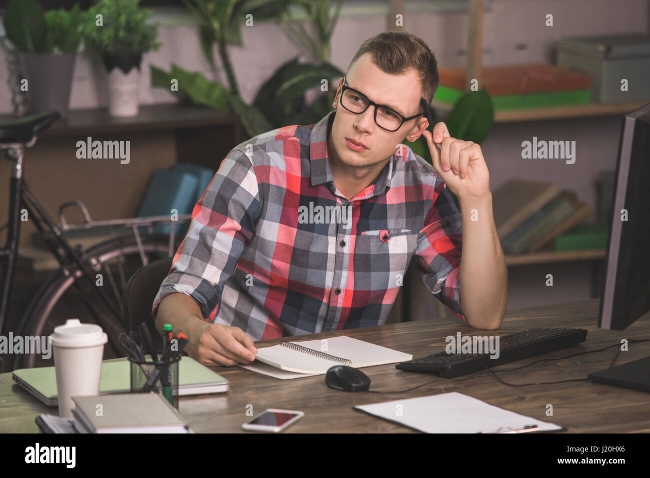 Young Man Programmer Computer Technology Work Concept  Stock Photo