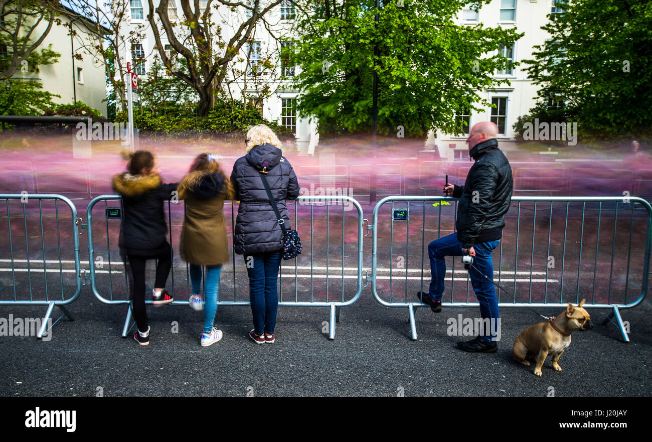 Fans watch the runners during the early stages of the Virgin Money London Marathon, London. PRESS ASSOCIATION. Picture date: Sunday April 23, 2017. See PA story ATHLETICS Marathon. Photo credit should read: Steven Paston/PA Wire Stock Photo