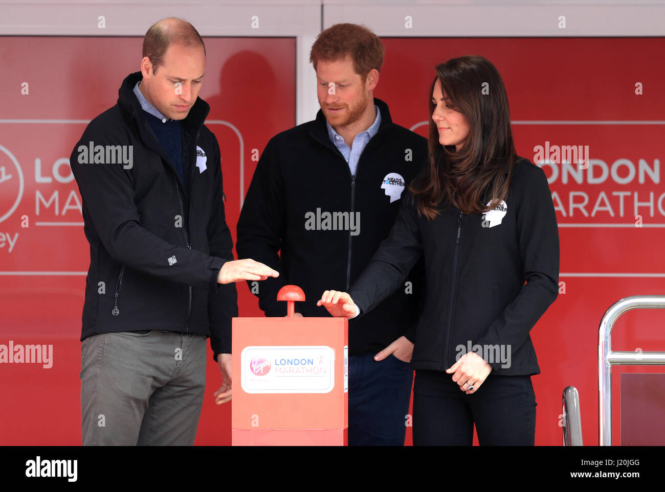 The Duke of Cambridge (left), Prince Harry (centre) and the Duchess of Cambridge at the start line of the Virgin Money London Marathon, London. PRESS ASSOCIATION. Picture date: Sunday April 23, 2017. See PA story ATHLETICS Marathon. Photo credit should read: Adam Davy/PA Wire Stock Photo