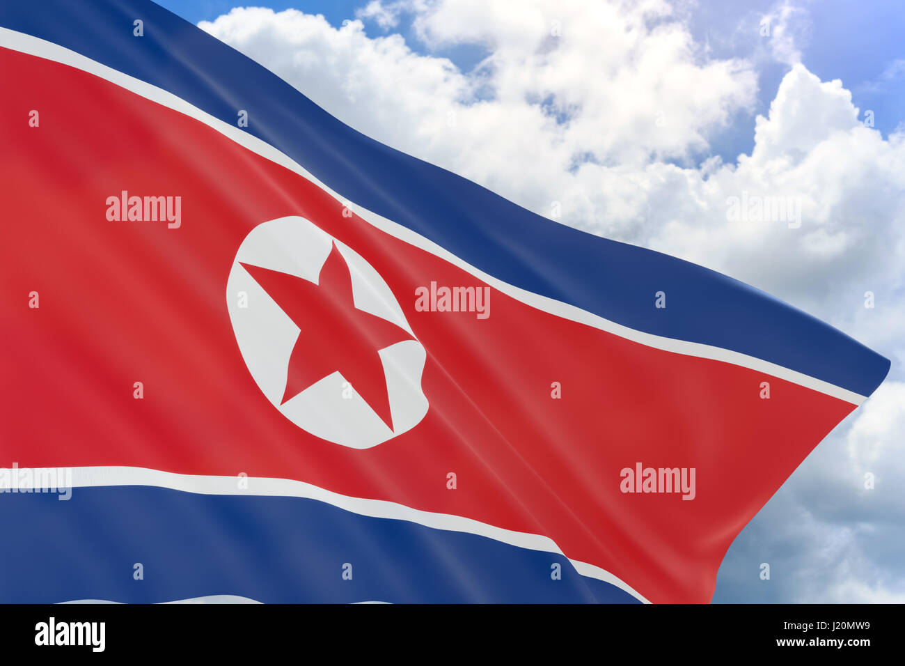 3D rendering of North Korea flag waving on blue sky background, The Democratic People's Republic of Korea was proclaimed on September 9 and it's Publi Stock Photo