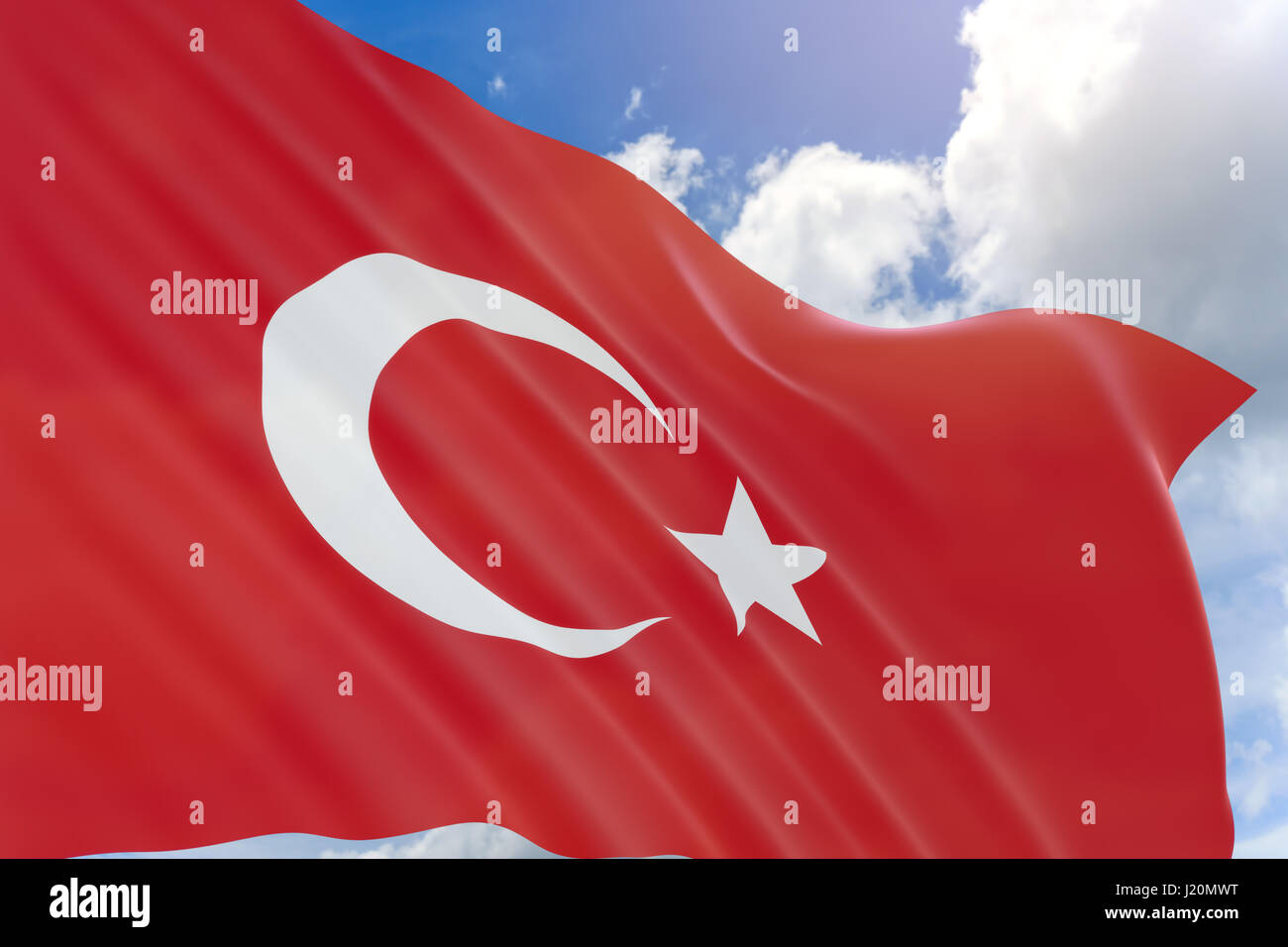3D rendering of Turkey flag waving on blue sky background, The official holidays in Turkey are established by the Act 2429 of March 19, 1981 that repl Stock Photo